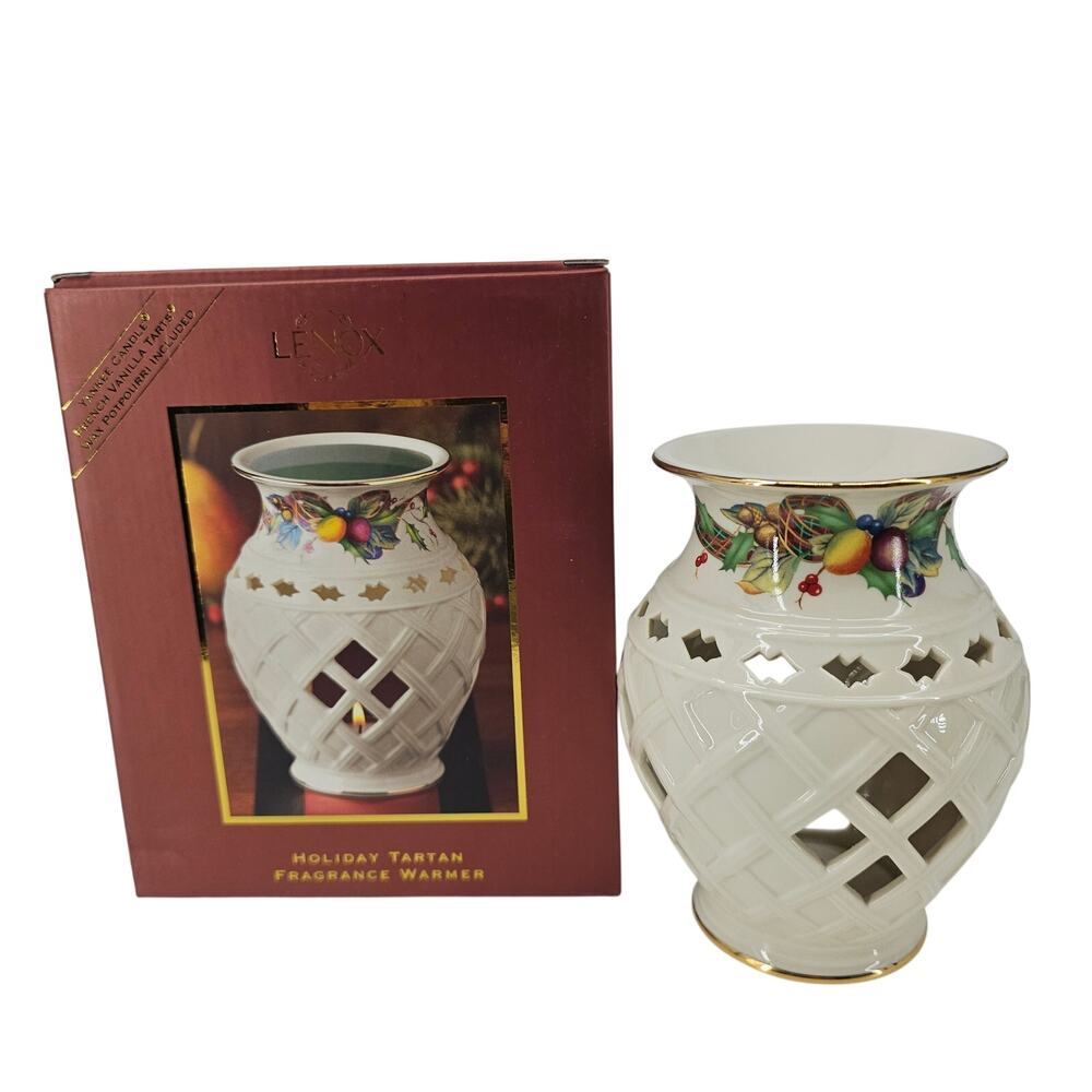 NEW Lenox Holiday Tartan Fragrance Warmer ivory porcelain lattice Cottagecore